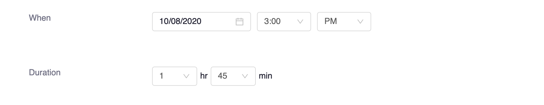 date, time and duration selection interface
